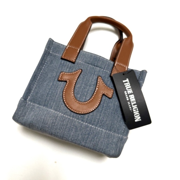 NWT TRUE RELIGION Denim Horseshoe Mini Tote Crossbody Bag Patch Logo Light Blue - Picture 3 of 8